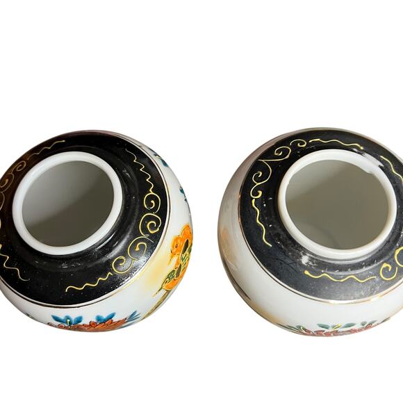 Vtg Small Midcentury Colorful Ginger Jar w Lid Bird Flowers Japan 4.75" Set of 2 - Picture 6 of 9